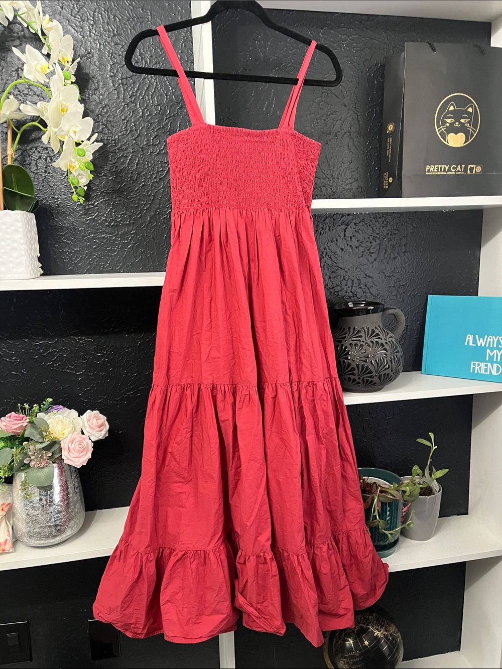 Chelsea & Theodore Red Smocked Maxi Dress